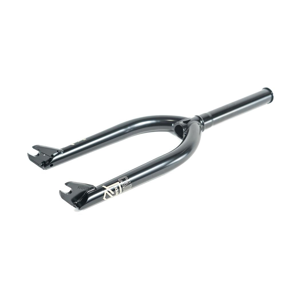 The Colony Cadet 18 Inch Forks are black BMX forks with dropouts and a straight steerer tube, made from heat-treated CrMo, displayed on a white background.