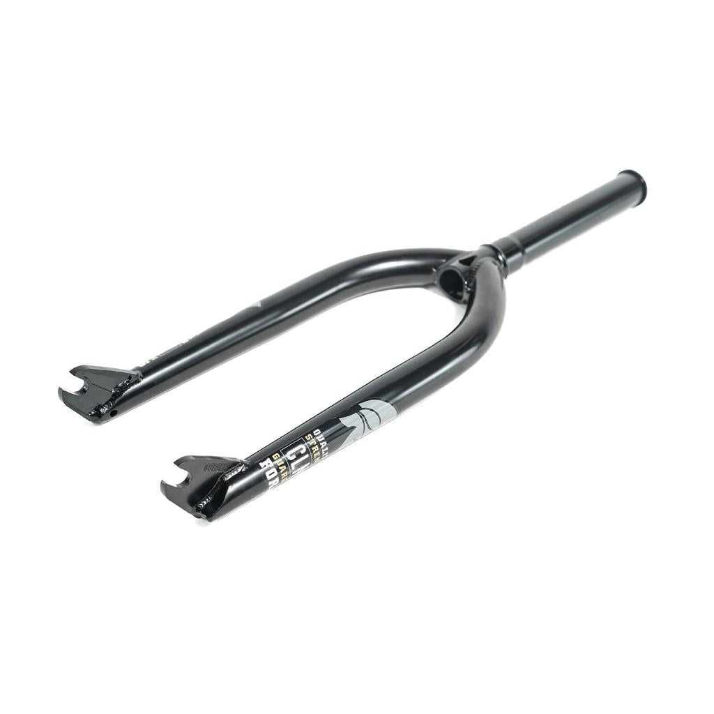 The Colony Guardian 20 Inch Forks are black BMX forks featuring a CNC machined steer tube, dropouts, and graphics on one leg, displayed against a white background.