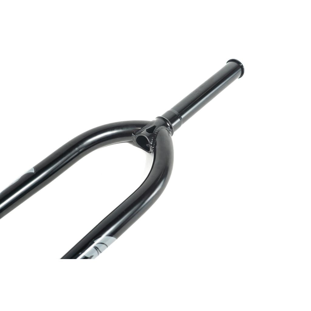 Close-up of Colony Guardian 20 Inch Forks in black, made from 4130 CrMo with CNC machined details, shown on a white background.