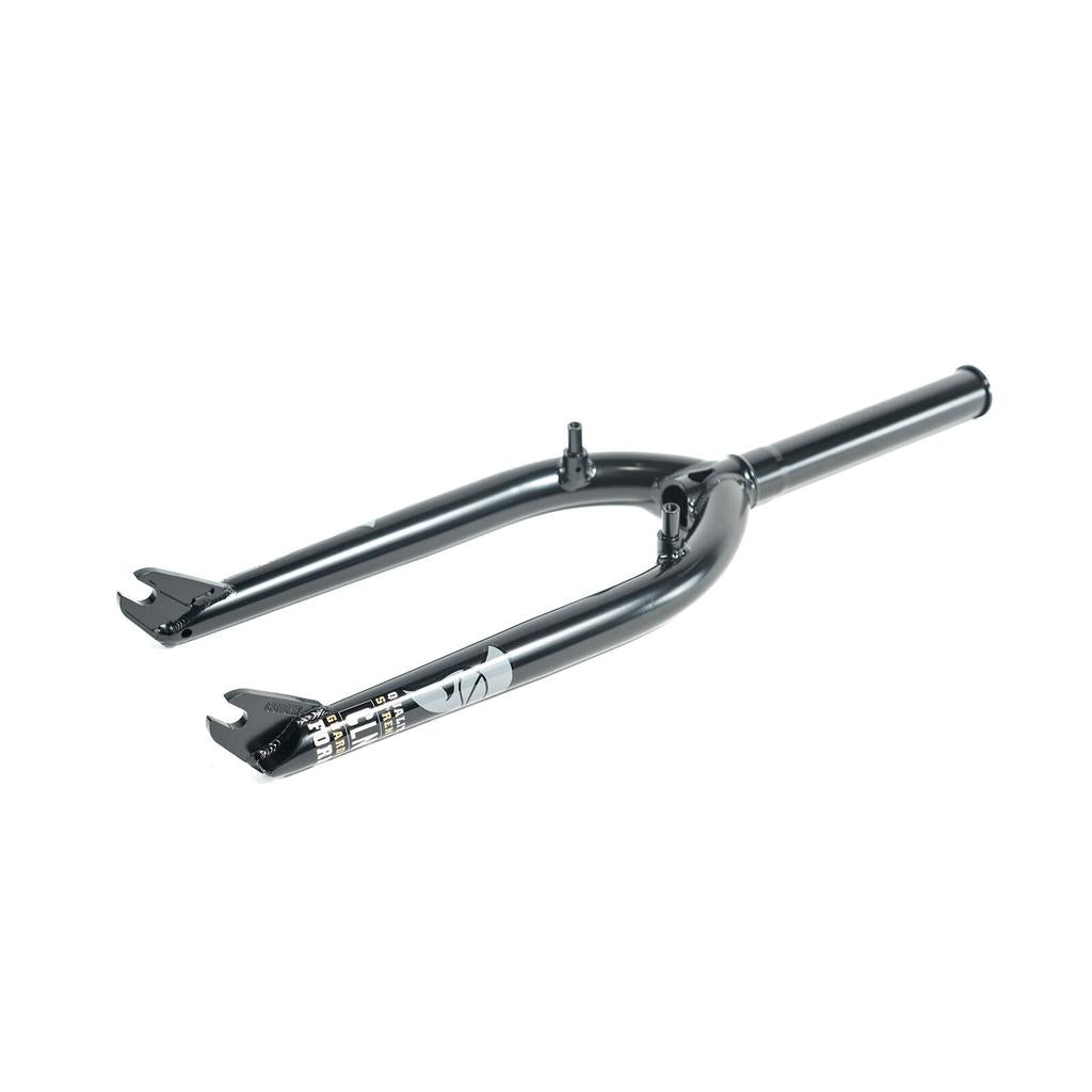 The Colony Guardian 20 Inch Forks w/ Brake Mounts are black with a glossy finish, featuring heat-treated CrMo construction, front wheel dropouts, and a steerer tube for frame connection.