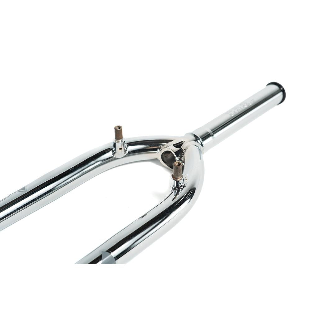Close-up of Colony Guardian 20 Inch Forks w/ Brake Mounts in chrome, shown on a white background. These BMX forks are front brake compatible for enhanced precision and smooth stopping power.
