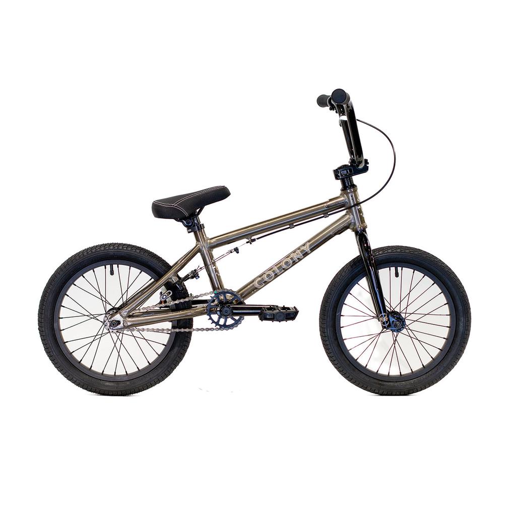 The Colony Horizon 16 Inch Bike, featuring a lightweight alloy frame, black handlebars, black seat, and black tires, is shown from the side on a white background.