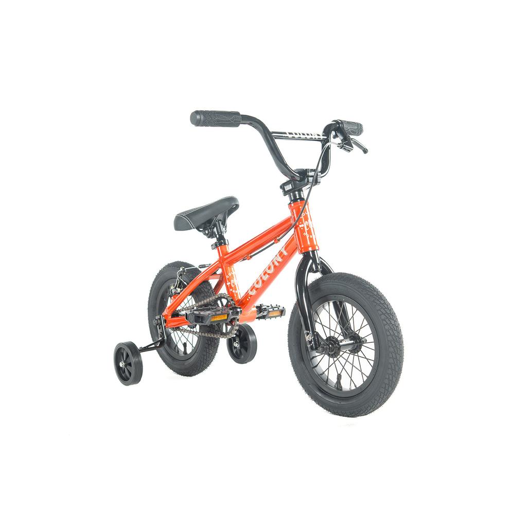 The Colony Horizon 12 Inch Bike is a small red children's bicycle with black handlebars, training wheels, and a lightweight alloy frame, shown on a white background.