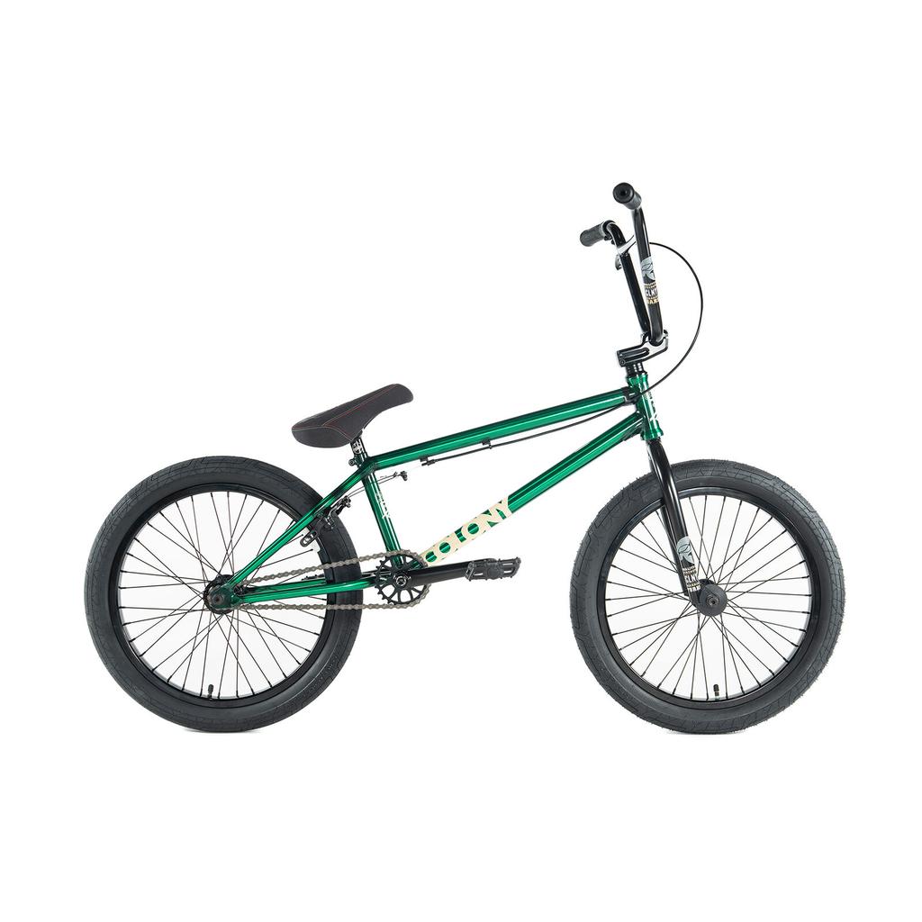The Colony Cadet Elite 20 Inch Bike is a green pro-level BMX featuring black wheels, a black seat, and "Tony" on the frame, shown from the side on a white background.