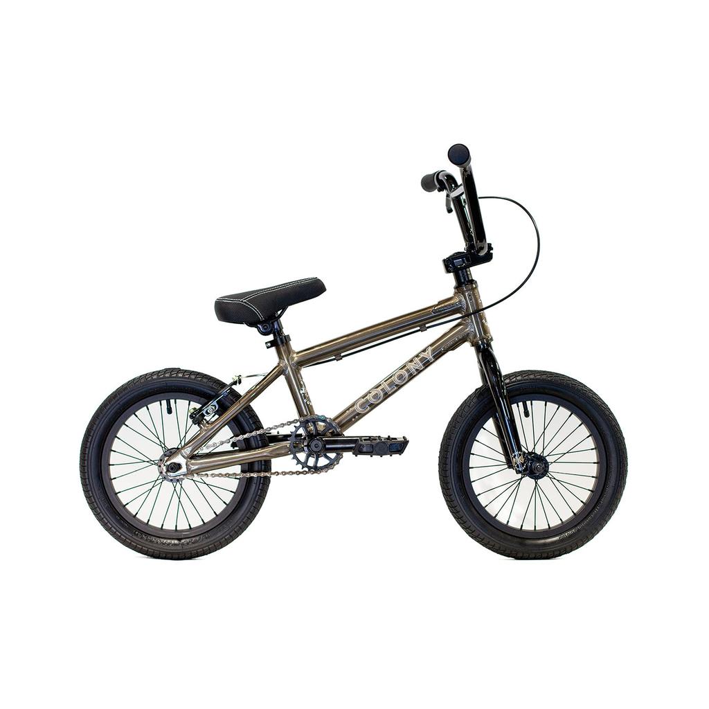 The Colony Horizon 14 Inch Bike features a lightweight alloy frame, black seat, black tires, and straight handlebars, shown on a white background. This model offers durability and style in a compact BMX design.