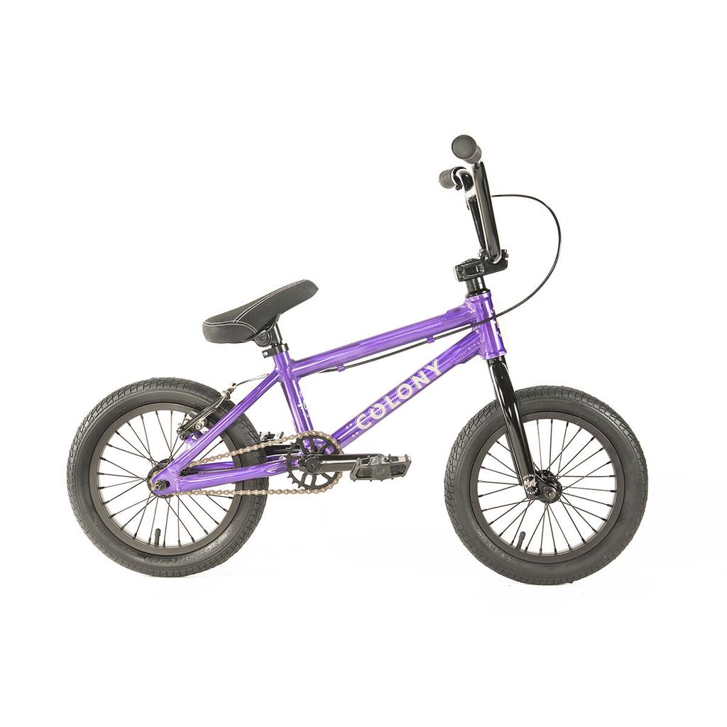 The Colony Horizon 14 Inch Bike is a small purple BMX with black handlebars, seat, and tires, featuring a lightweight alloy frame, shown against a white background.