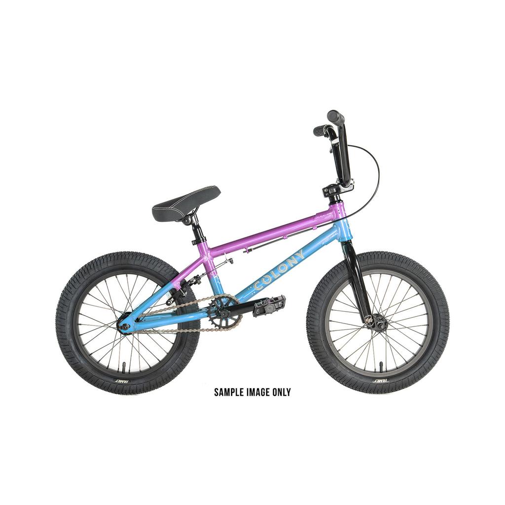 A Colony Horizon 20 Inch Bike with a lightweight alloy frame in purple and blue, black handlebars, black saddle, and black tires is displayed on a white background. The frame features the “Colony” label.
