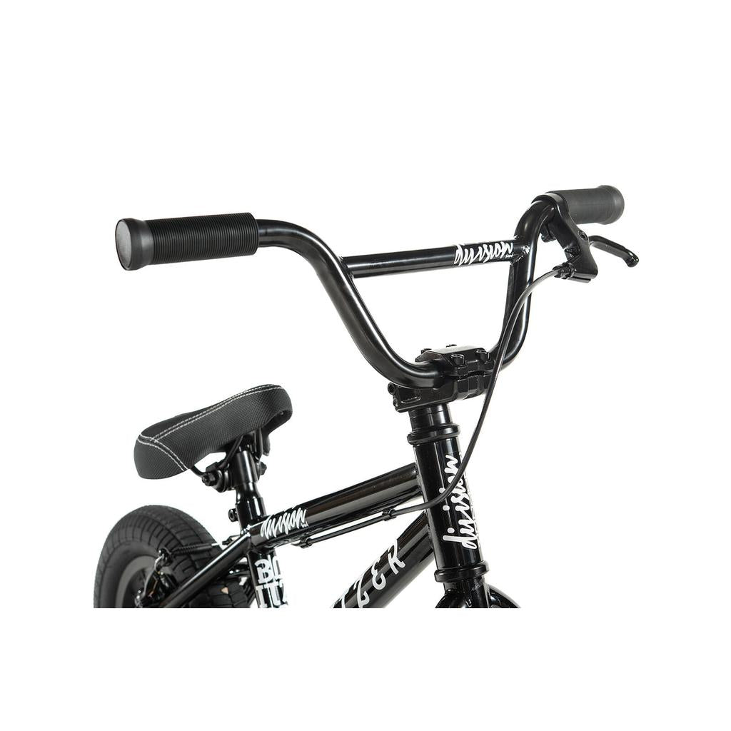 Close-up of the Division Blitzer 12 Inch Bike’s black handlebars, seat, and front brake cable against a white background—ideal for young freestyle BMX riders.