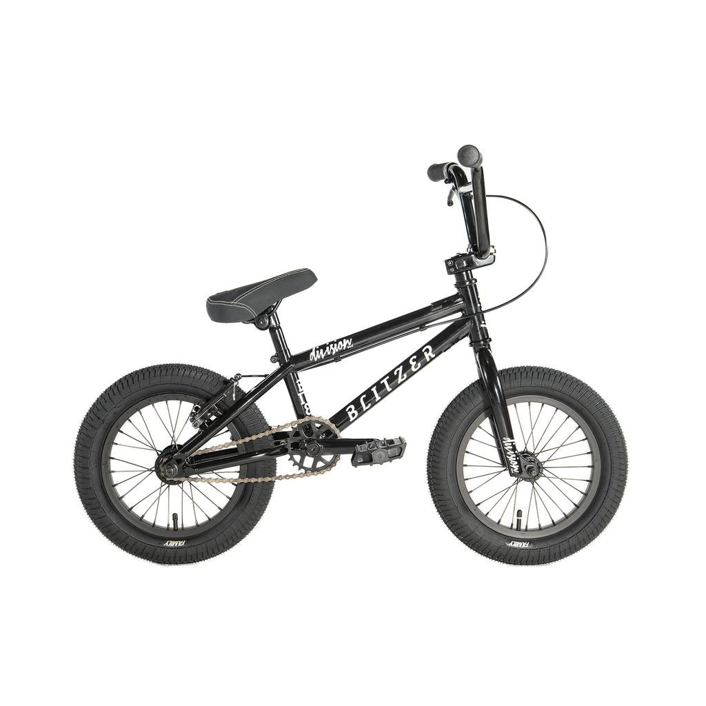 The Division Blitzer 14 Inch Bike features a black frame, thick tires, padded seat, straight handlebars, and "Blitzer" branding—an ideal stylish ride for youth.