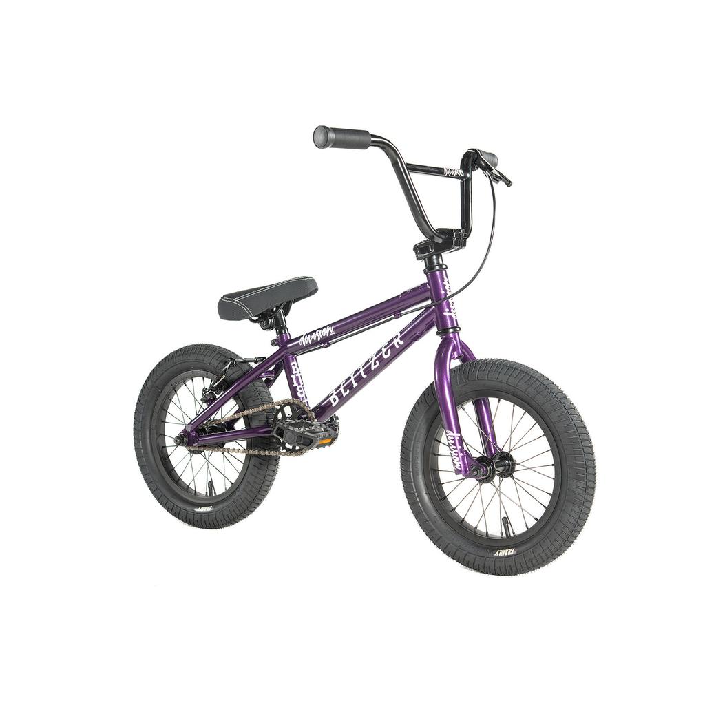 Division Blitzer 14 Inch Bike—a purple kids BMX with 14" wheels, black tires, seat, and handlebars—shown on a white background.