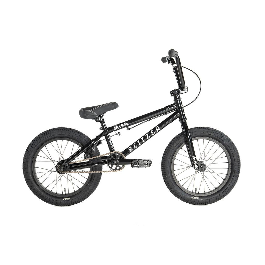 The Division Blitzer 16 Inch Bike features thick tires, a padded seat, and straight handlebars in a sleek black design, shown from the side against a white background.