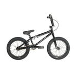 The Division Blitzer 16 Inch Bike features thick tires, a padded seat, and straight handlebars in a sleek black design, shown from the side against a white background.