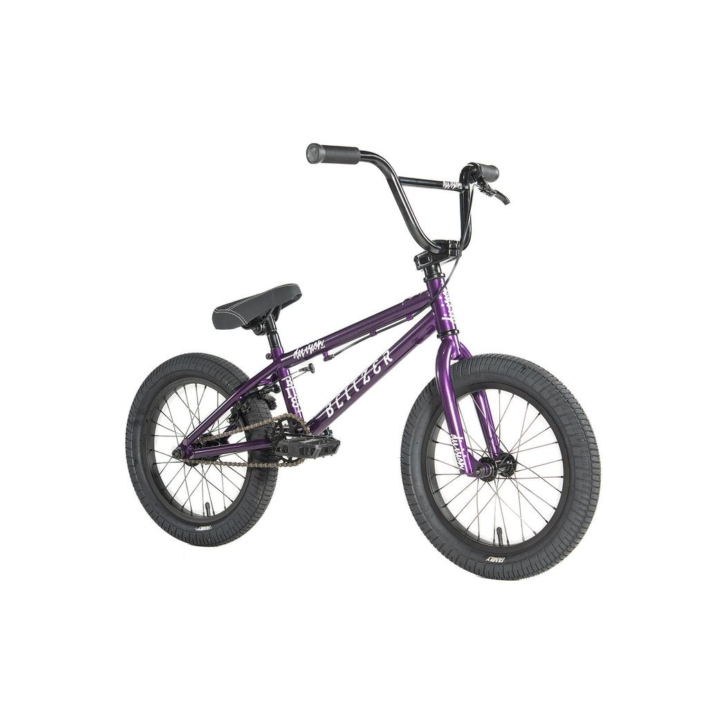 The Division Blitzer 16 Inch Bike is a purple youth BMX with black handlebars, seat, and tires. It features 16-inch wheels and is shown on a white background.