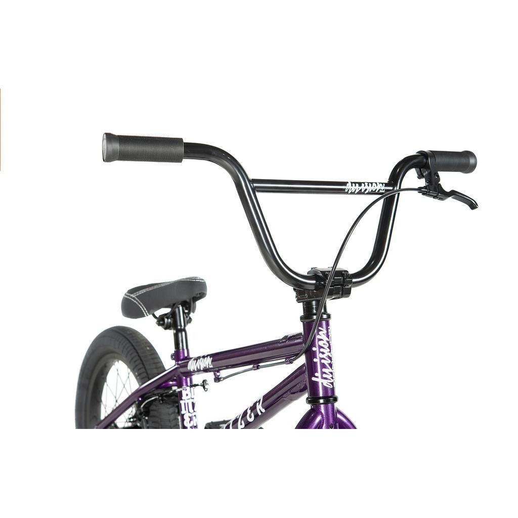 Close-up of the handlebars, front brake lever, and seat of a purple Division Blitzer 16 Inch Bike set against a white background.