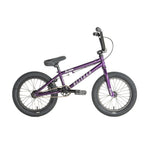 A Division Blitzer 16 Inch Bike in purple with thick tires, a black seat, and silver pedals is shown in profile against a white background.