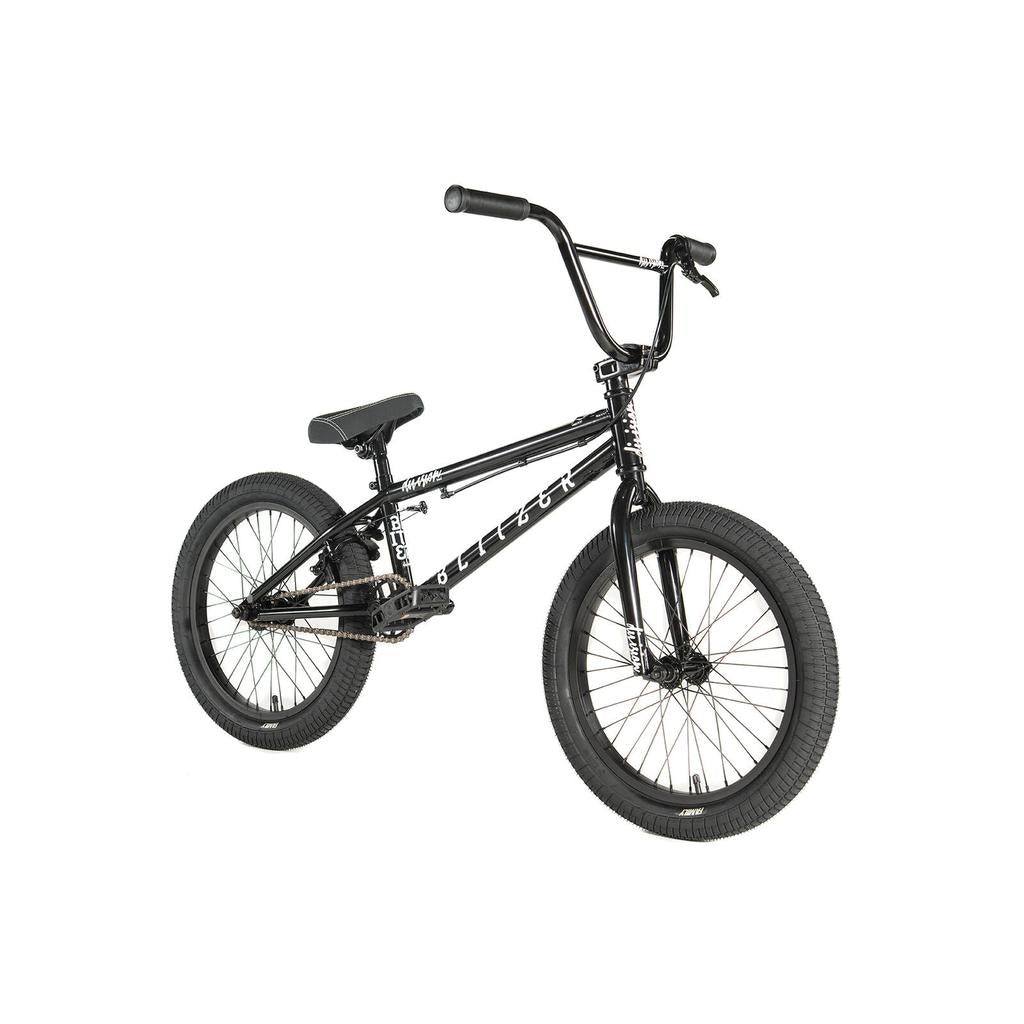 The Division Blitzer 18 Inch Bike features a black Hi-Ten frame, thick tires, padded seat, straight handlebars, and a cassette hub. It is shown against a white background.