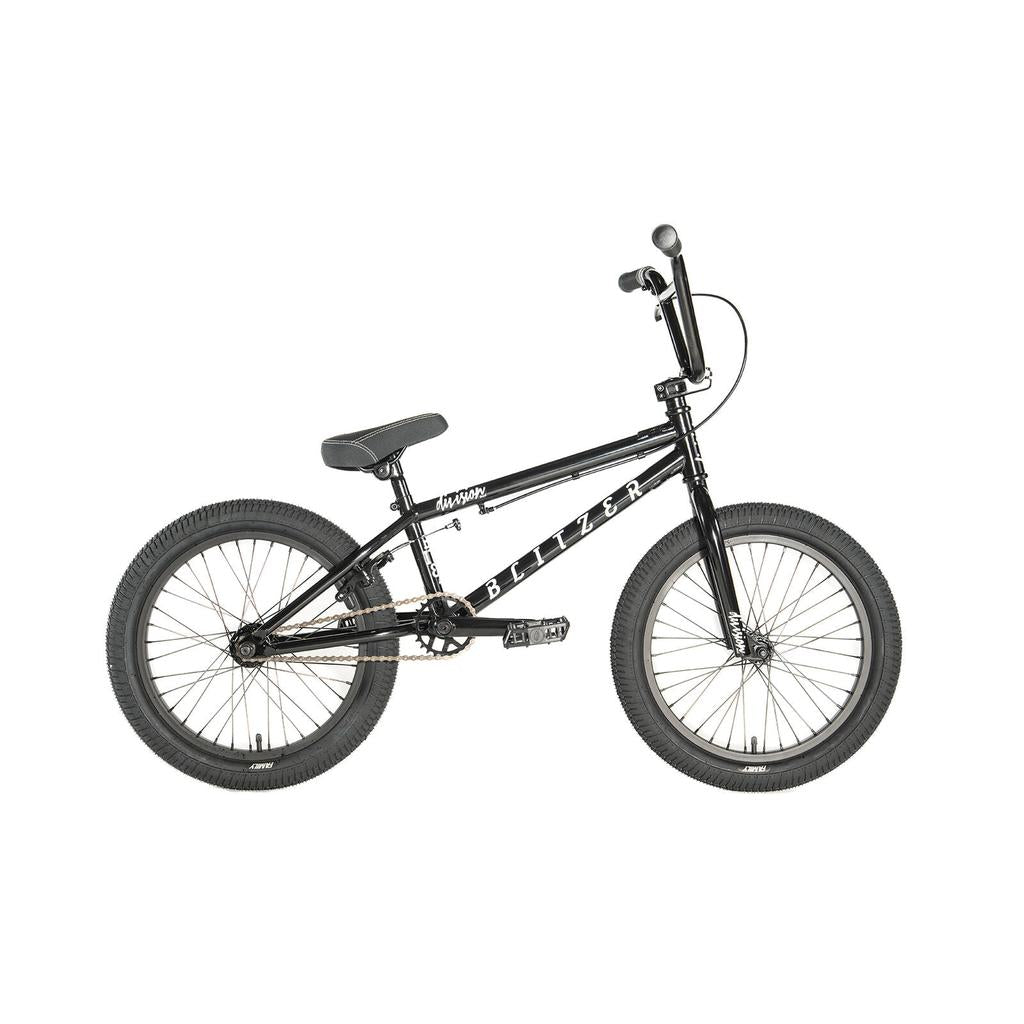 The Division Blitzer 18 Inch Bike for kids, in black, features thick tires, a padded seat, and straight handlebars. It is displayed from the side on a white background.