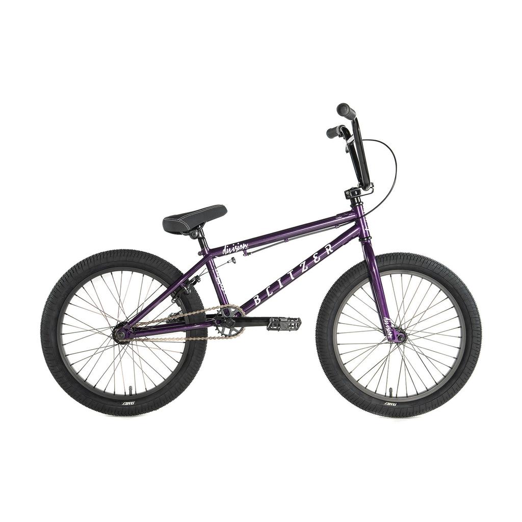 The Division Blitzer 20 Inch Bike is shown in purple with black tires, handlebars, and seat, viewed from the side against a white background.