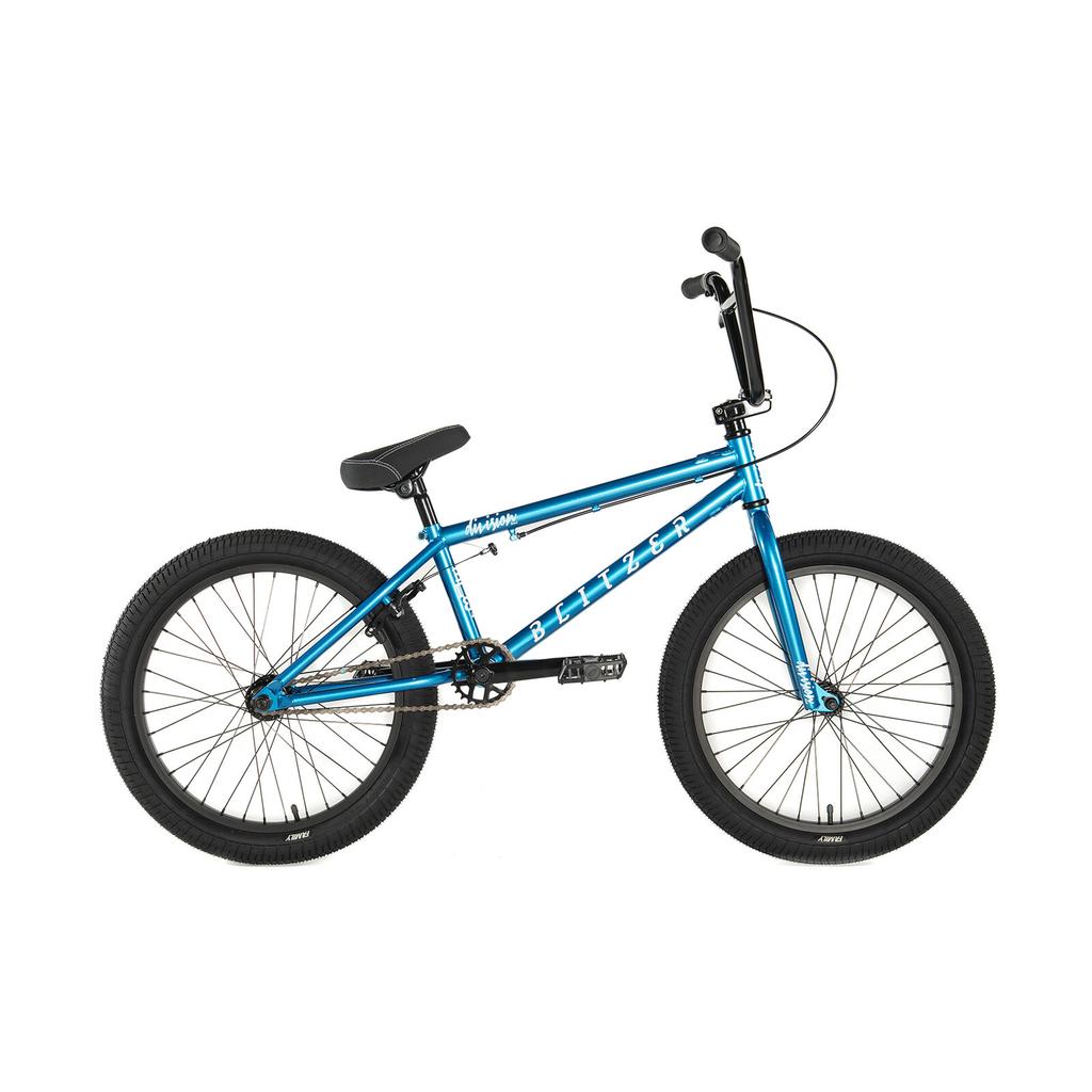 The Division Blitzer 20 Inch Bike is a blue beginner BMX with 20" wheels, black tires, a black seat, straight handlebars, and silver spokes, shown in profile on a white background.