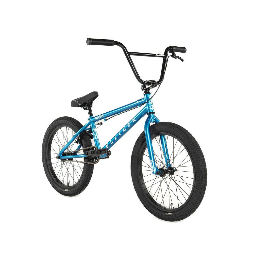 The Division Blitzer 20 Inch Bike is a blue beginner street BMX with black handlebars, seat, and tires. It features 20” wheels and is displayed at a three-quarter angle on a white background.