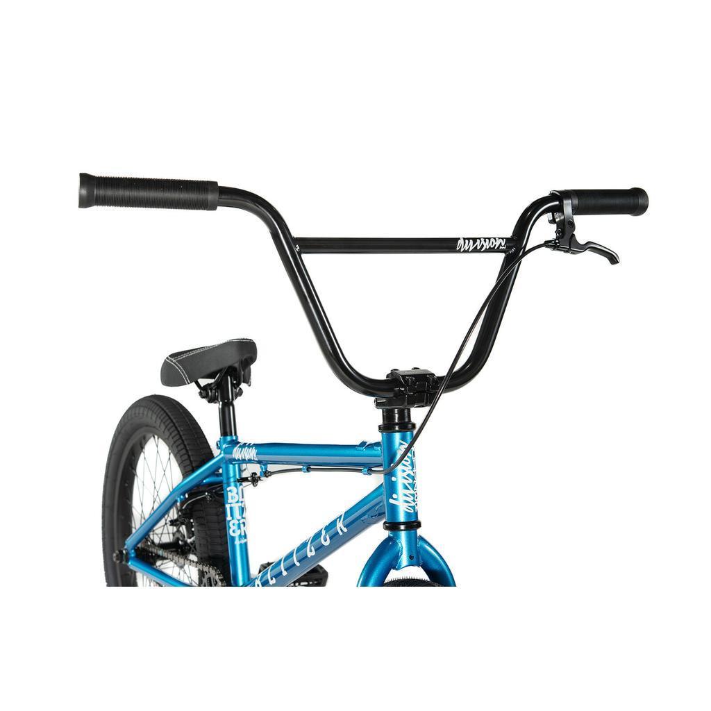 Close-up of the Division Blitzer 20 Inch Bike, a blue beginner street BMX, showing the handlebars, brake lever, seat, and front wheel against a plain white background.