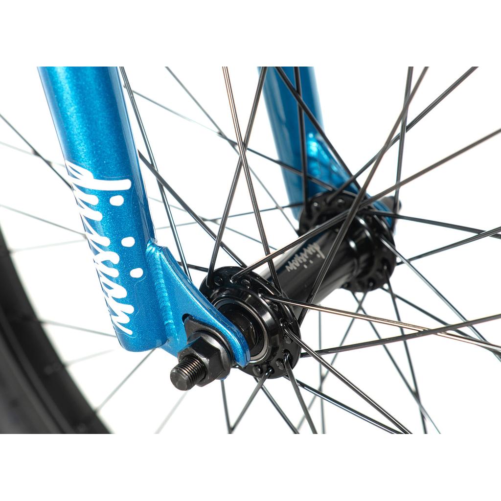 Close-up of the Division Blitzer 20 Inch Bike wheel with black spokes, a black hub, and a blue fork featuring “division” in white—ideal for beginners or anyone wanting agile 20" wheels.