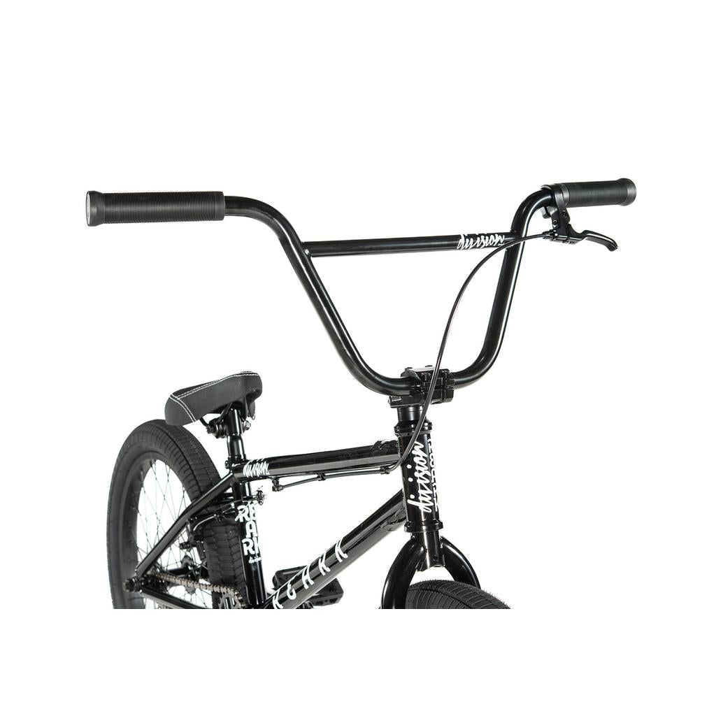 Close-up of the Division Reark 20 Inch Bike in black, highlighting its handlebars, seat, and front wheel. Features lightweight Hi-Tensile steel frame and durable 3-piece cranks, shown against a white background.