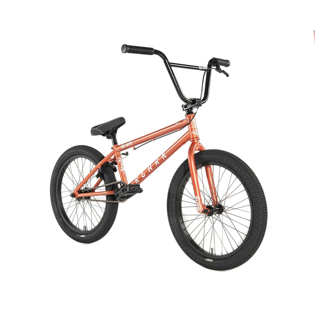 The Division Reark 20 Inch Bike in red, featuring black handlebars, seat, and tires with a Hi-Tensile steel frame, is displayed from a front-side angle against a plain white background.