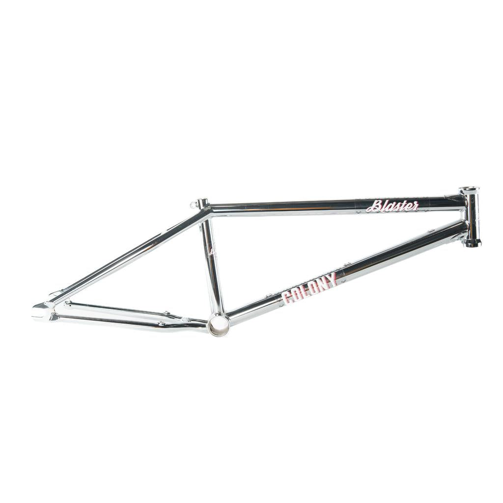 The Colony Blaster Frame (Chris James Signature), in chrome with "COLONY" on the down tube and "Blaster" on the top tube, is displayed against a white background.