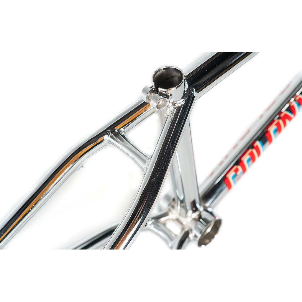 Close-up of the Colony Enishi Flatland Frame (Kio Hayakawa Signature), highlighting its chrome seat tube, seat clamp, and rear triangle against a white background.