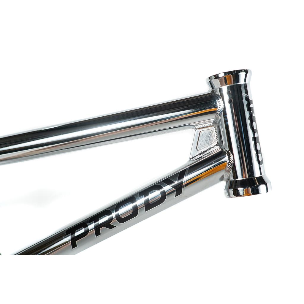 Close-up of the chrome Colony Prody Frame, showcasing "PRODY" on the down tube and "COLONY" on the head tube—a top choice for freestyle riders.