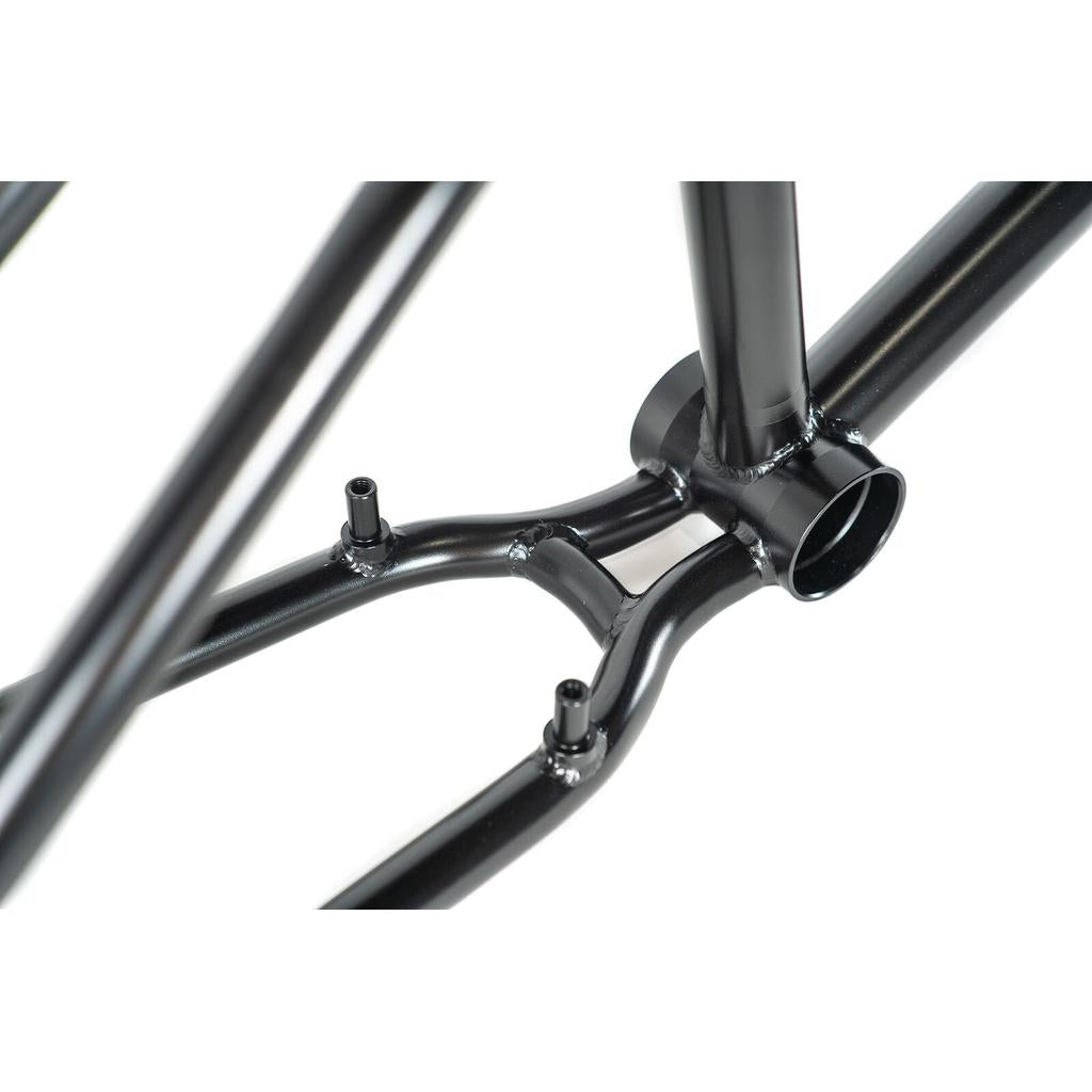 Close-up of the Colony Prody Frame in black metal, highlighting the bottom bracket area and rear brake mounts.