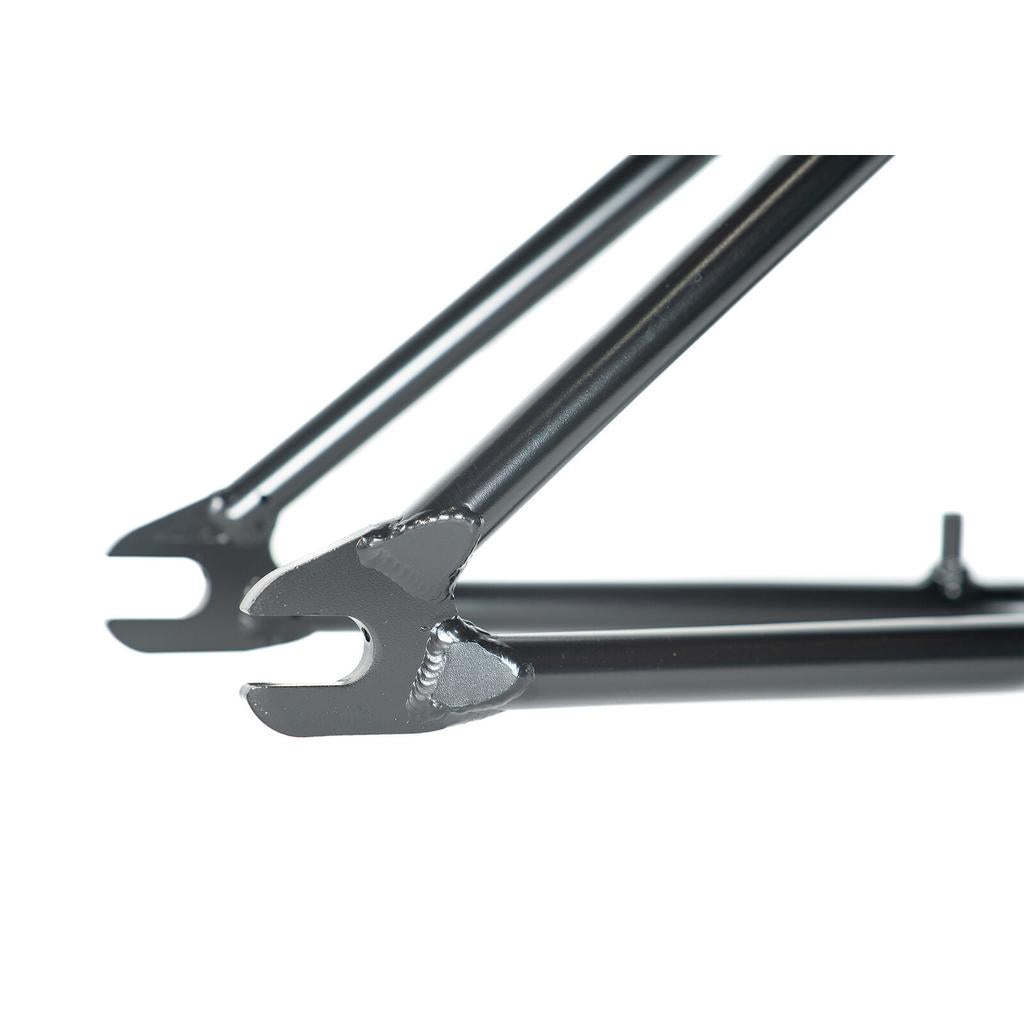 Close-up of the rear dropout on a black Colony Prody Frame BMX, highlighting welded metal joints and the axle slot for the rear wheel.