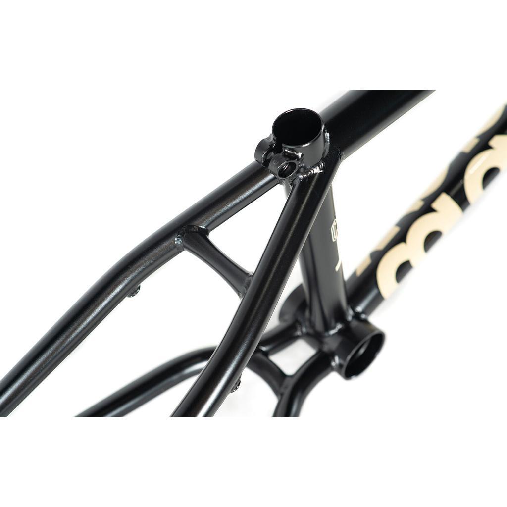 Close-up of the Colony Cadet 18 Inch Frame in black, showcasing the seat tube, top tube, and rear triangle with strong chromoly construction against a white background.