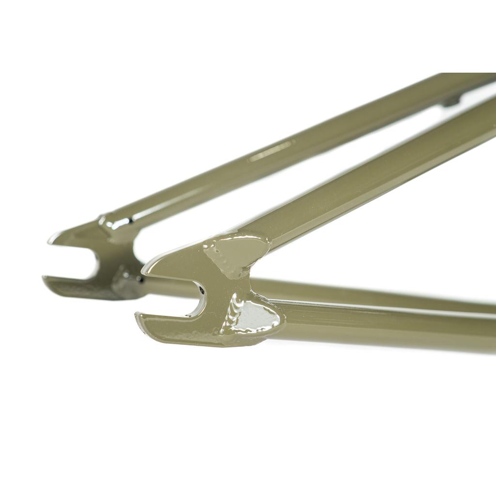 Close-up of the rear dropouts on a Colony Cadet 20 inch Frame in olive green chromoly, highlighting the slots for attaching the wheel axle.