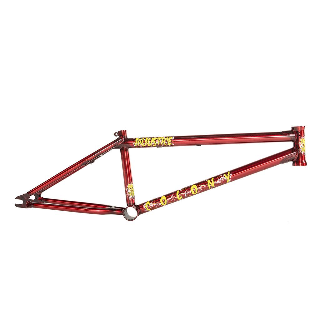 A red 4130 CrMo Colony Injustice Frame (Tom Justice Signature) BMX frame with yellow “COLONY” and “MUSTANG” lettering and graphics is displayed against a white background.