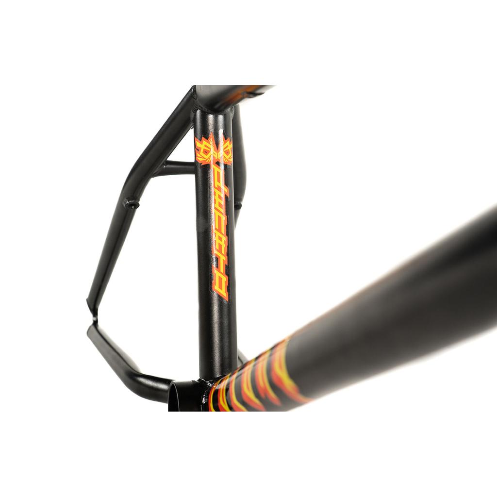 Close-up view of black BMX bike handlebars with "Power II" text and flame graphics on the frame, featuring the distinctive Colony Balkan Eagle Frame (Renato Rancso Signature), photographed against a white background.