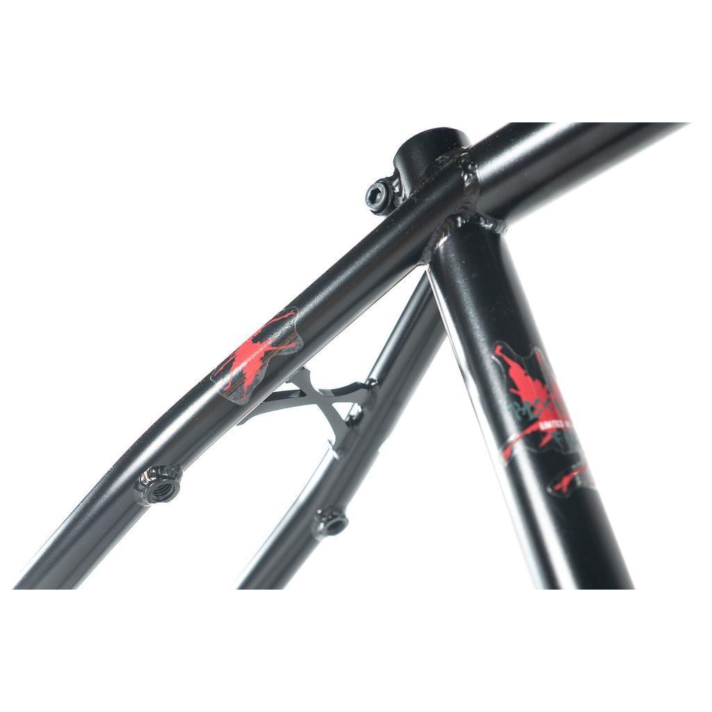 Close-up of the limited edition Colony Bloody Oath Frame Kit in black with red decals, showing detailed tubing and welded joints against a white background.