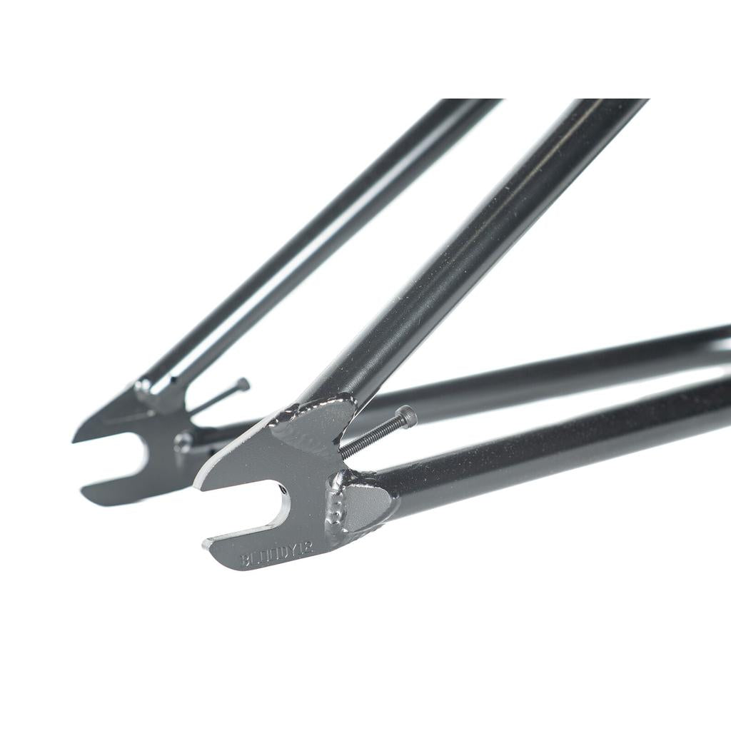Close-up of the rear dropouts and chainstays on the Colony Bloody Oath Frame Kit, highlighting where the rear wheel axle is installed.