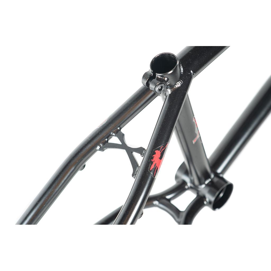 Close-up of the limited edition Colony Bloody Oath Frame Kit, highlighting the rear triangle, seat tube, and chainstay bridge against a white background.