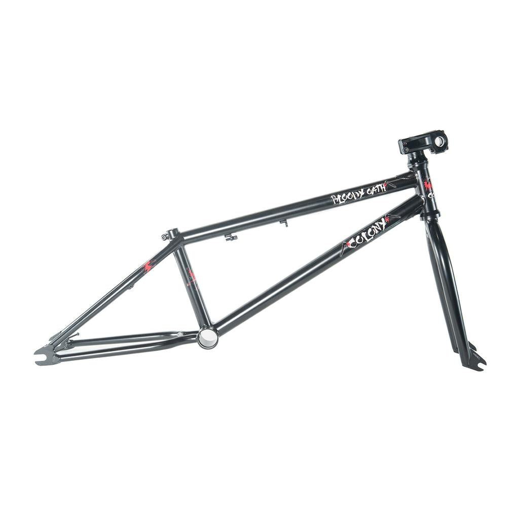 The Colony Bloody Oath Frame Kit features a black BMX frame and fork with "Colony" and "Hectic Cat" logos, photographed on a white background. This Nick Richardson signature, limited edition kit is perfect for collectors and riders.