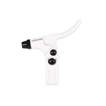 The Odyssey Monolever Short Lever is a white BMX brake lever featuring a hinged clamp, dual adjustment bolts, and a black tip, displayed on a plain white background.