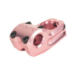 The Colony Squareback Stem is a lightweight, pink anodized stem with black bolts, CNC machined for precision. It’s shown at an angle on a white background.
