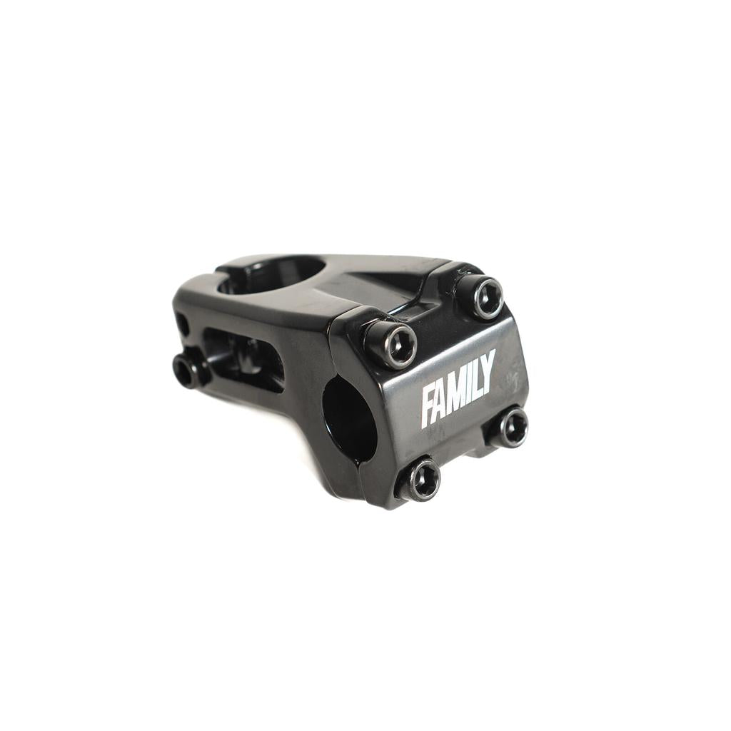 Black forged alloy Family Front Load Stem (50mm) with four mounting bolts and the word “FAMILY” printed on the front faceplate.