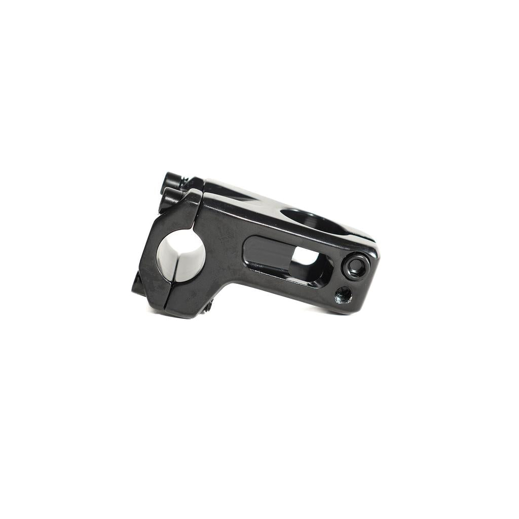 Black Family Front Load Stem (50mm) 1-1/8″ bicycle stem with circular handlebar and fork clamp openings.