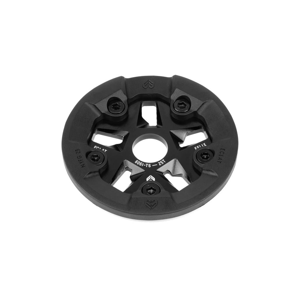 The Eclat Felix Guard Sprocket is a black circular component with five screw holes and cutout details, made from durable nylon-fibreglass for enhanced strength.