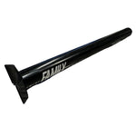 The Family Pivotal Seat Post, featuring a black metal finish and labeled "FAMILY," rests on a silver, diamond-patterned surface, highlighting its sturdy 25.4mm diameter.