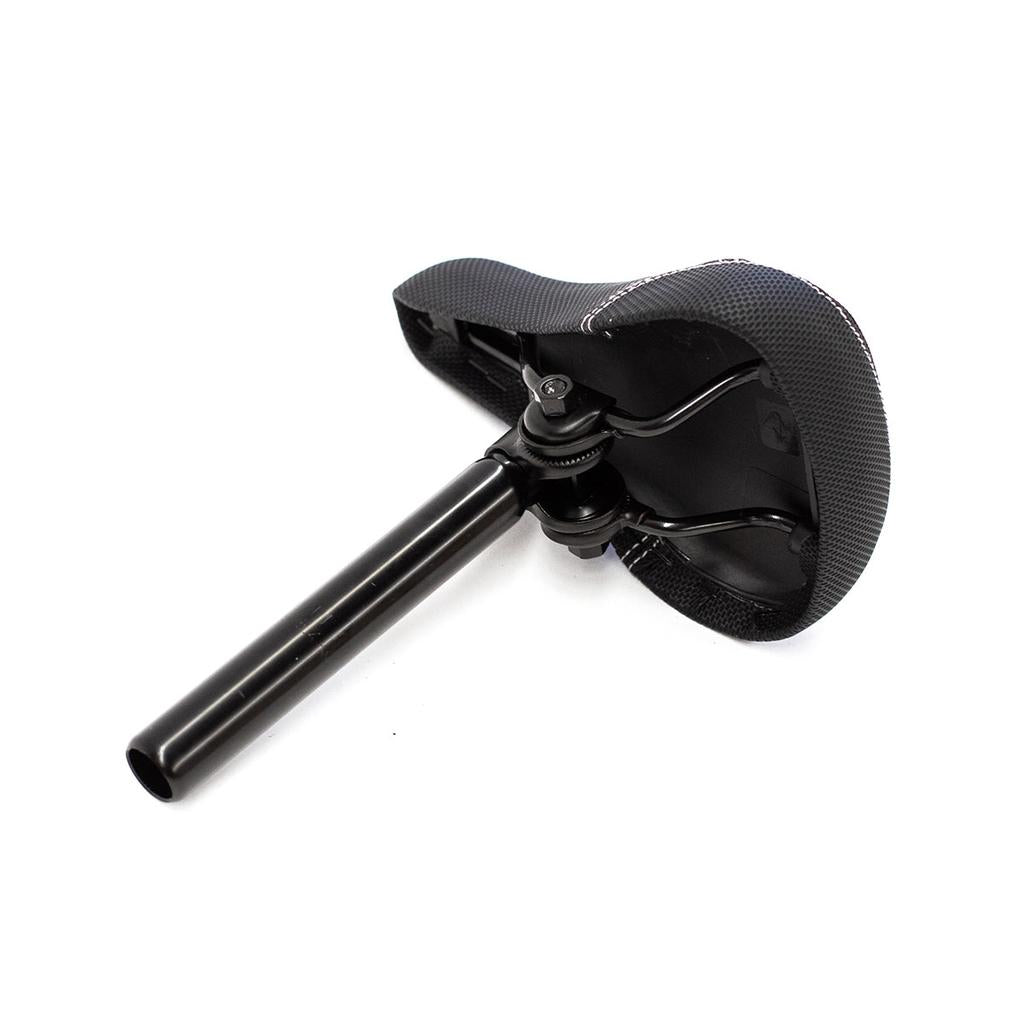 A black Division Railed Seat And Post with a steel post, shown from a low angle against a white background—ideal for the Blitzer BMX bike.
