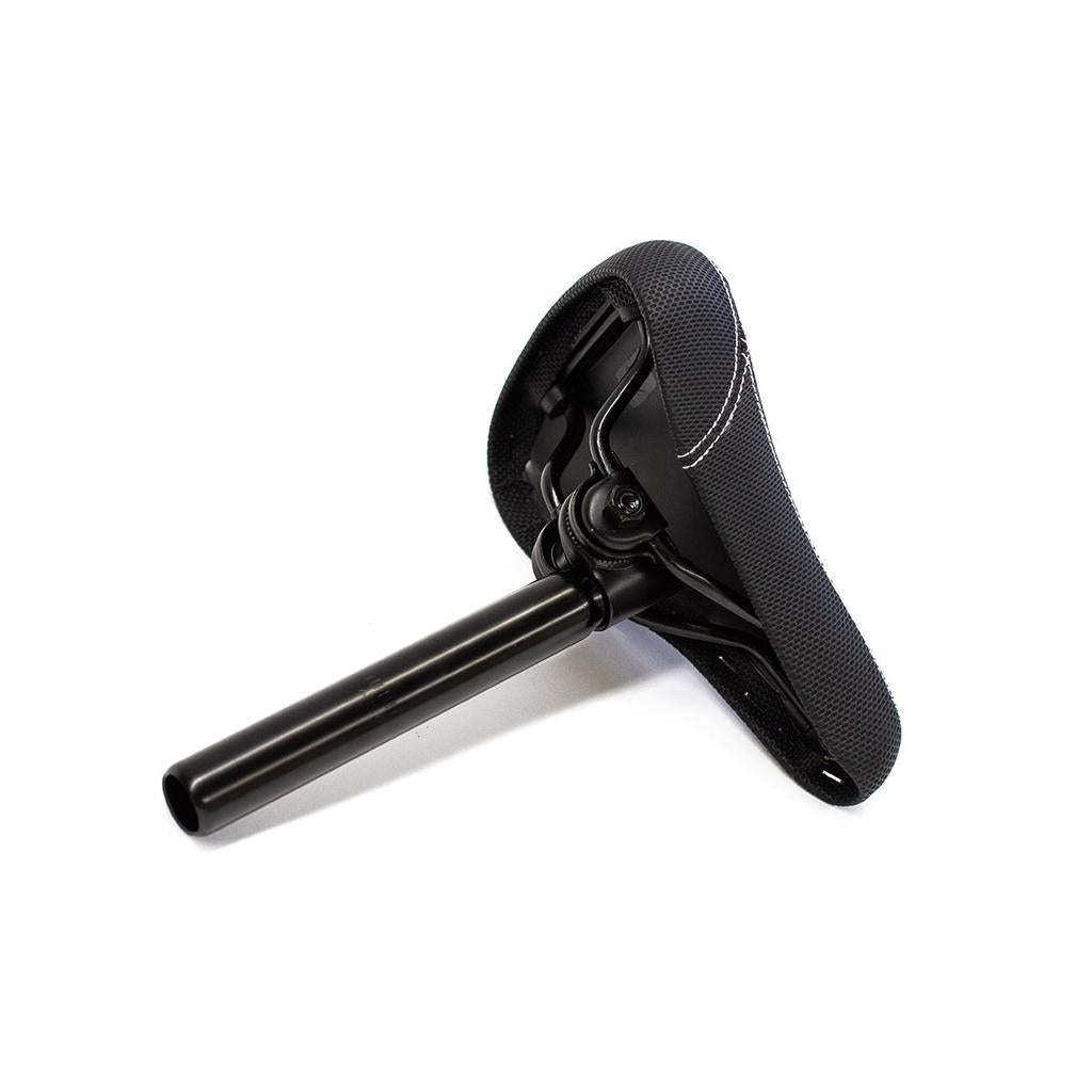 The Division Railed Seat And Post in black is shown from an angle that highlights the steel post, underside, and mounting hardware.
