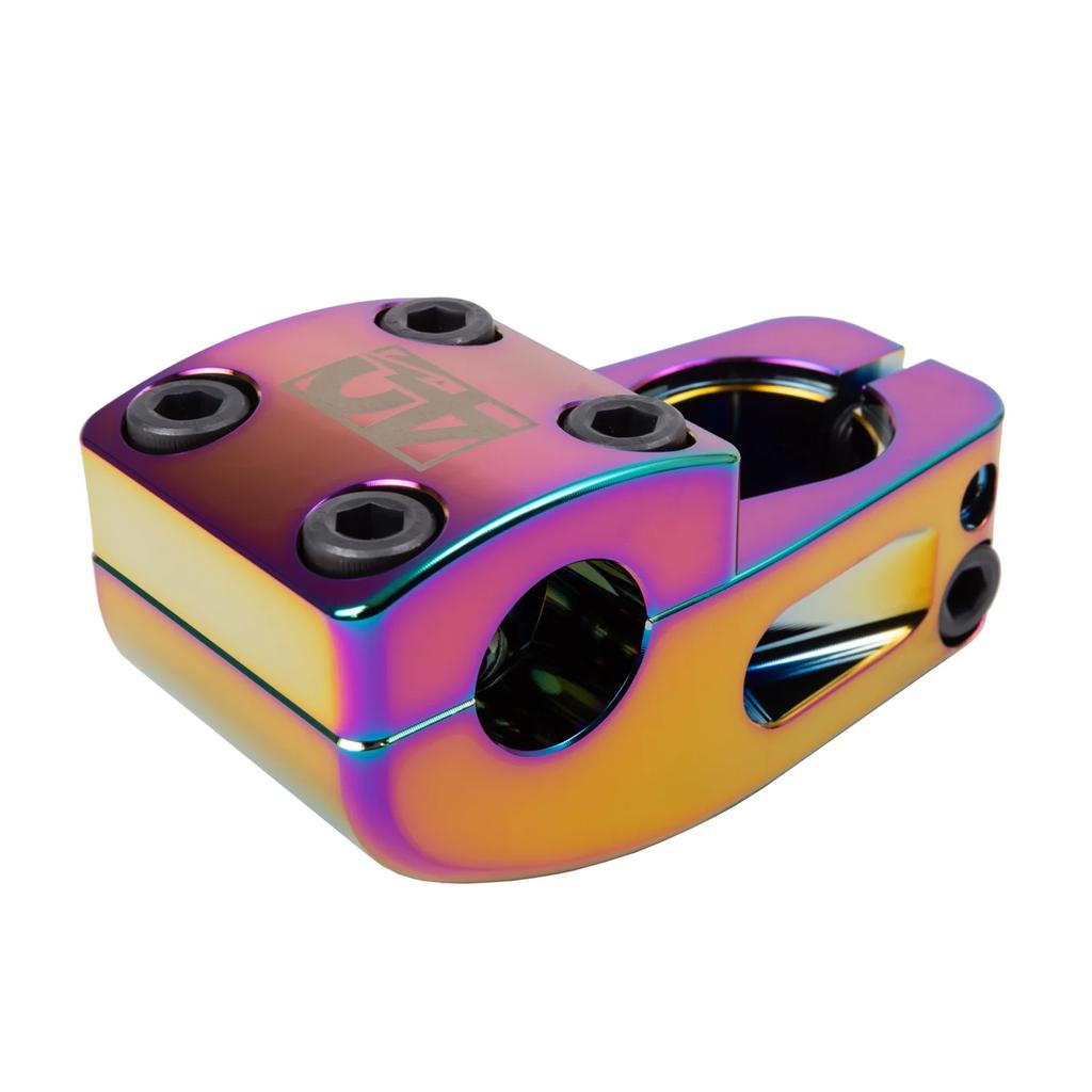 Explore the vibrant, glossy finish of the limited-edition Odyssey Broc V2 40th Anniversary Top Load Stem. This Broc Raiford signature piece, featuring hex bolts and a branded logo, is expertly crafted for seamless handlebar attachment.